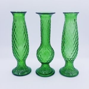 Vintage E.O. Brody Co Emerald Green Glass Bud Vases Diamond Pattern 7-1/2"